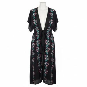 Curations Kimono Duster M Petite Black Embroidered Tunic Bohemian Resort Travel